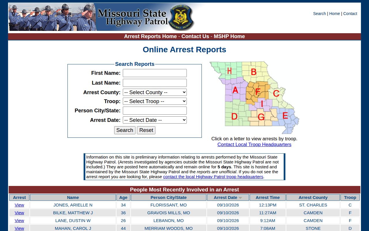Franklin County 24 hour arrest search on the official MSHP five-day feed