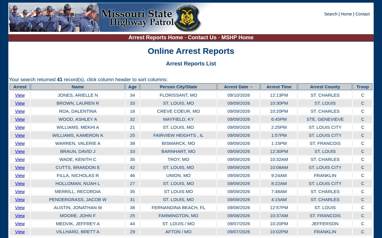 Missouri State Highway Patrol Troop C arrest report search for Franklin County