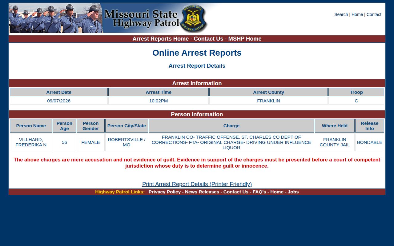 Official MSHP Franklin County arrest detail with holding and release fields