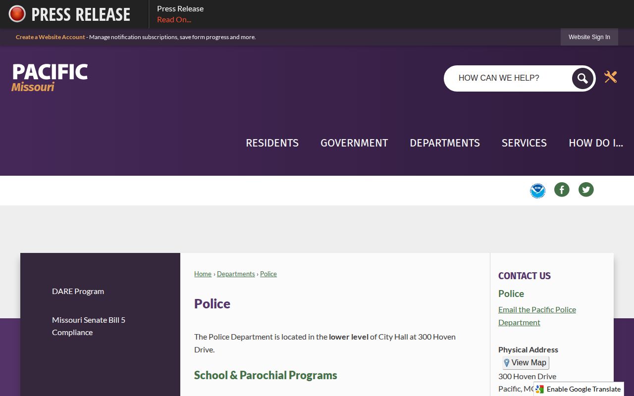 Official Pacific Police Department page with city police contact information