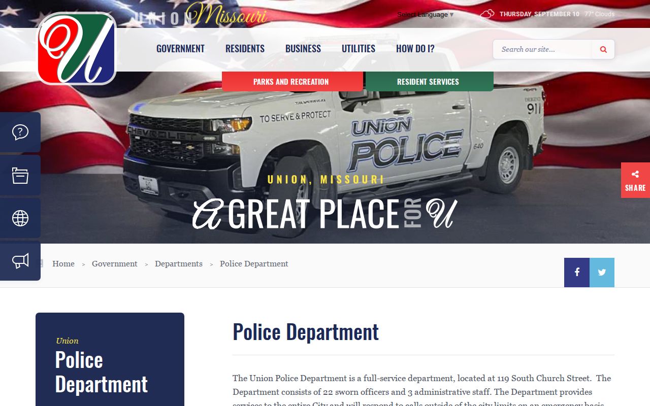 Official Union Police Department webpage for city arrest record routing