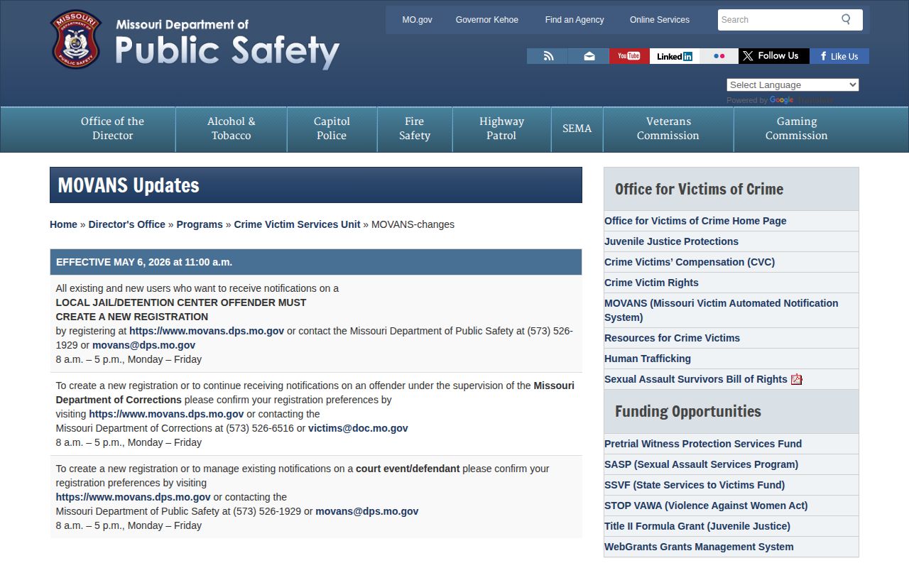 Missouri MOVANS transition instructions for Franklin County custody alerts