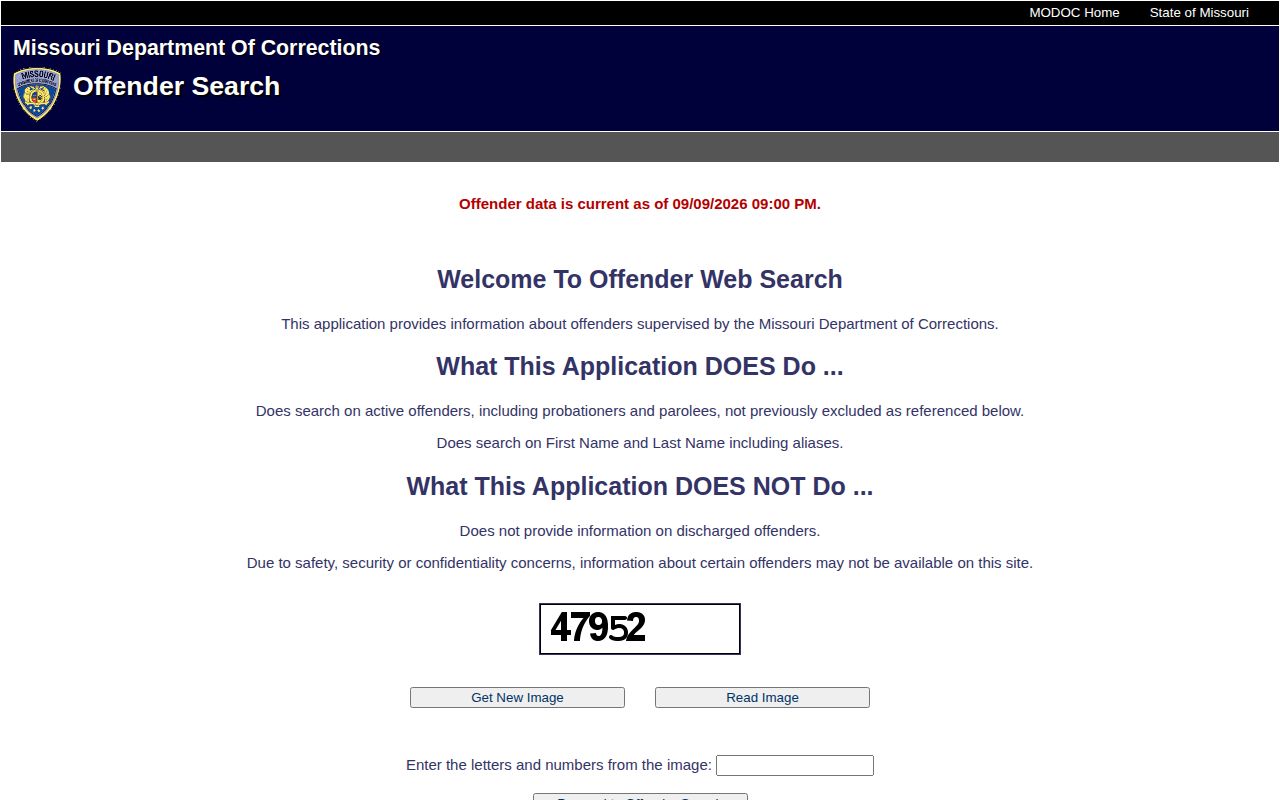 Missouri Department of Corrections official offender search page