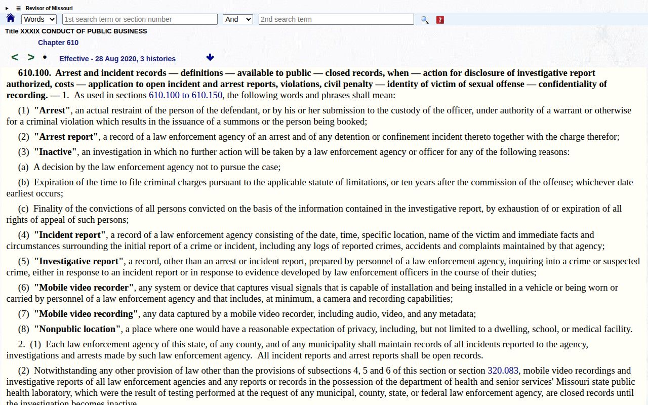 Missouri Revised Statutes section 610.100 official page